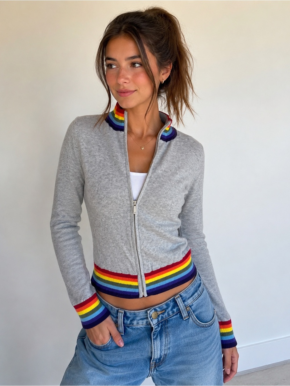 Madeline Thompson x Aqua Rainbow Trim Zip Cardigan Gray Knit Sweater Size S